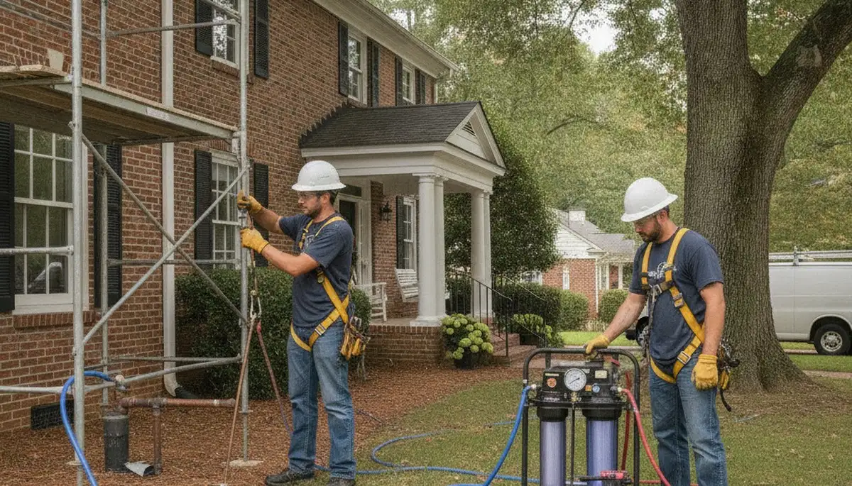 Charlotte, NC plumbing repair technician servicing a residential pipe leak with professional tools