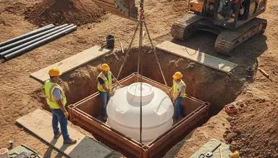 Septic tank installation crew servicing a Charlotte, NC home with trenching and plumbing equipment