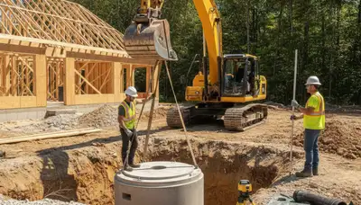 Septic tank installation crew in Charlotte, NC preparing a residential plumbing site for service