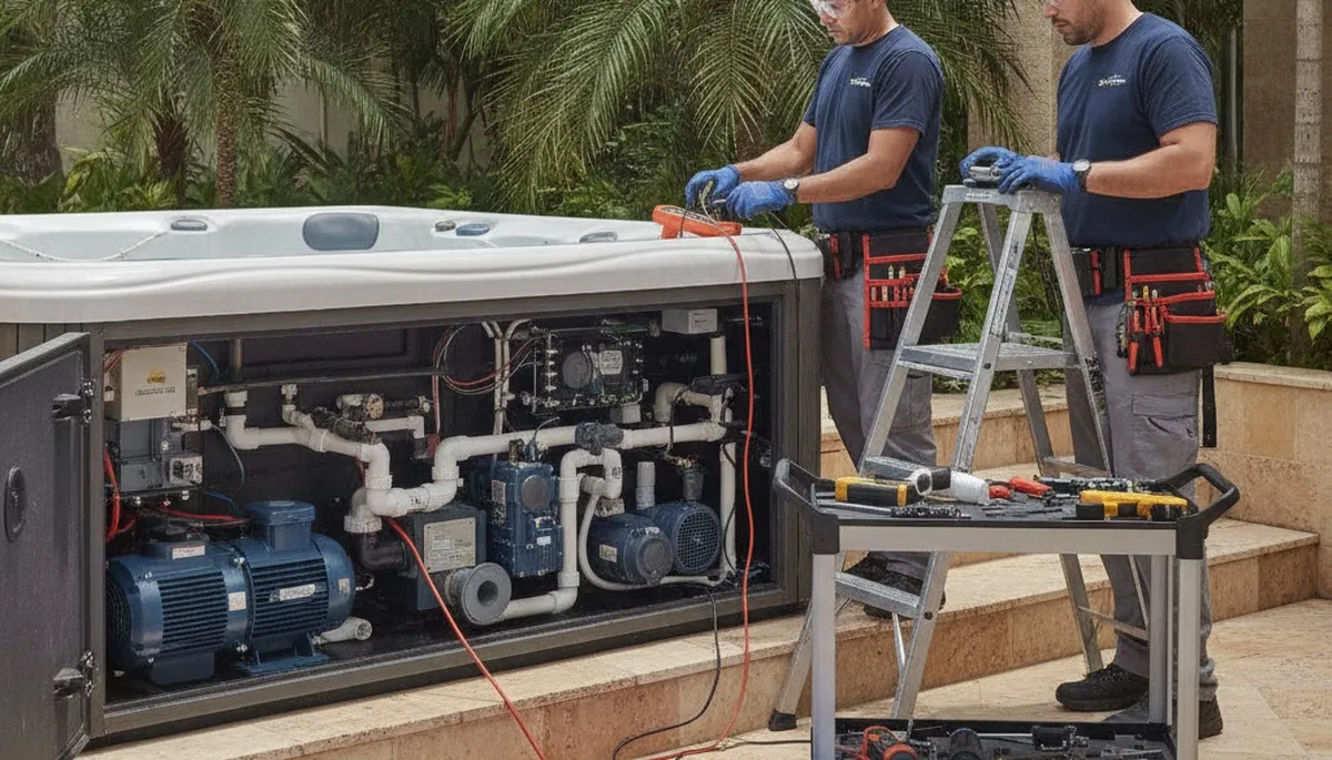 Spa repair technician servicing a Charlotte, NC hot tub for jet and heating issues