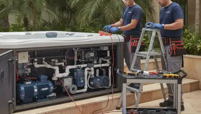 Spa repair technician servicing a Charlotte, NC hot tub for jet and heating issues