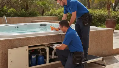 Spa repair technician servicing a Charlotte, NC home's spa for jet and heating issues