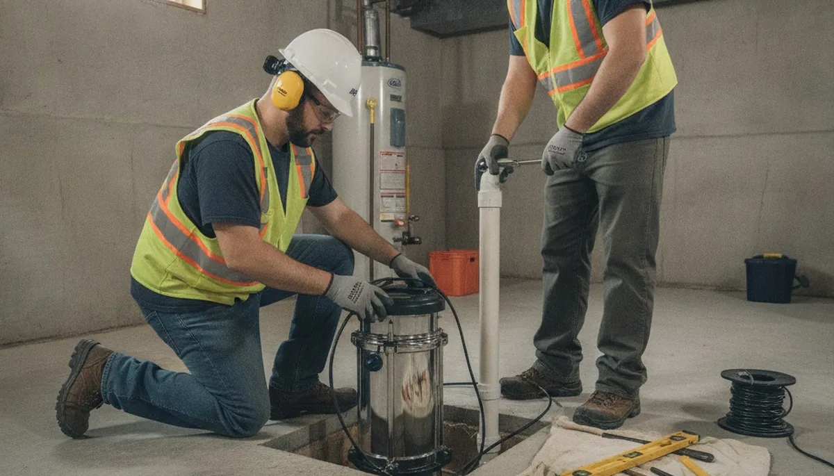 Charlotte, NC plumber installing sump pump for home flood protection and water drainage