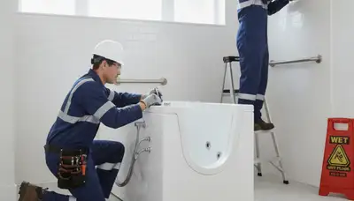 Charlotte, NC plumber installing a walk-in tub for safer, accessible bathing in a home bathroom