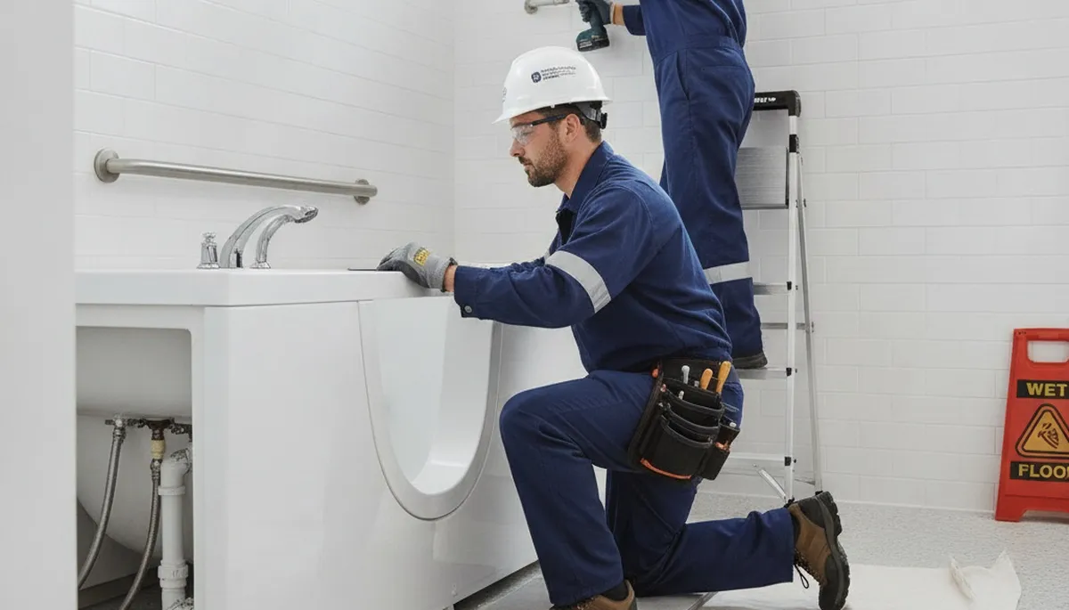 Charlotte, NC plumbers installing a walk-in tub for safer, accessible bathing in a home bathroom