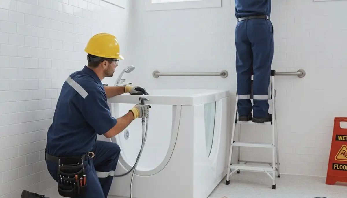 Charlotte, NC plumber installing walk-in tub for safer bathing in a home bathroom